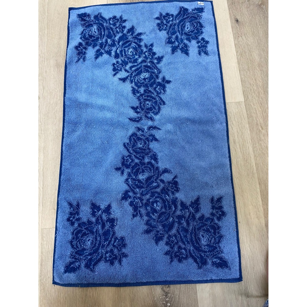 Vintage Cobalt Blue Rose Floral Hand Towel Reversible Damask Pattern Terry - Picture 3 of 5